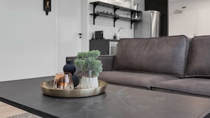 Ein modernes Wohnzimmer mit einer Couch, einem Couchtisch mit Tablett, einem Bonsai-Baum und einer kleinen Topfpflanze.