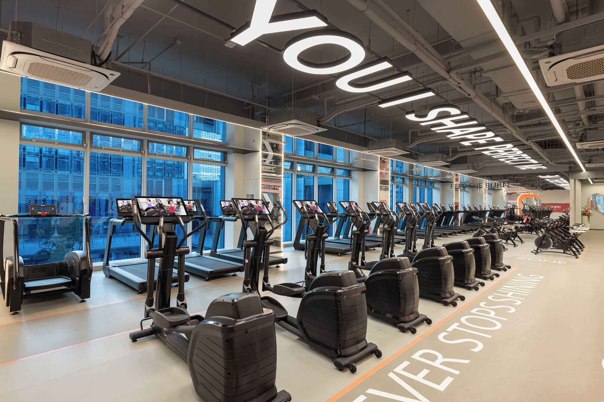 A gym with treadmills and stationary bikes arranged in rows, large windows, and motivational wall text.