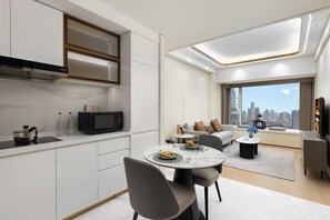 Full-sized fridge, microwave, stovetop, espresso maker