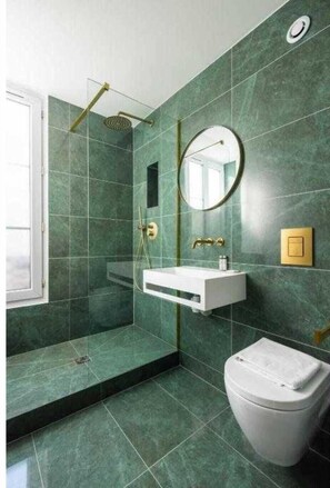 Shower, hair dryer, towels