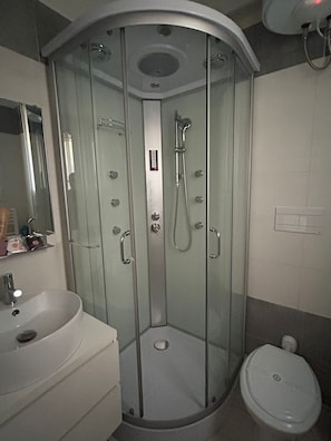 Hair dryer, towels, soap, toilet paper