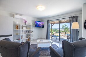 TV connectée, cheminée, lecteur de DVD, table de tennis de table