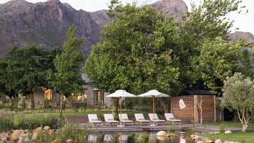 Outdoor pool, pool umbrellas, pool loungers