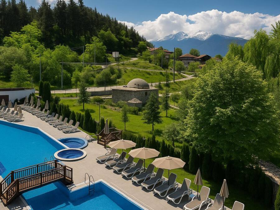 Una piscina con sillas de descanso y sombrillas, rodeada de vegetación y una montaña al fondo.