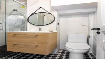 Shower, hair dryer, towels