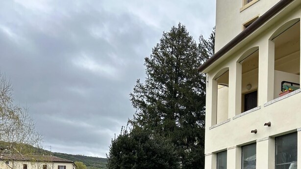 Un bâtiment avec un élément décoratif aquatique à l’avant, un mur en pierre et un arbre.