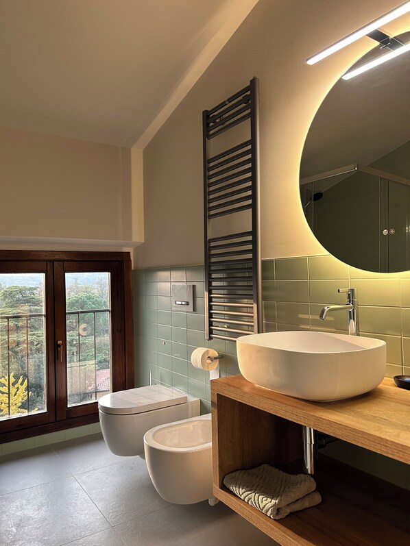 Shower, hair dryer, bidet, towels