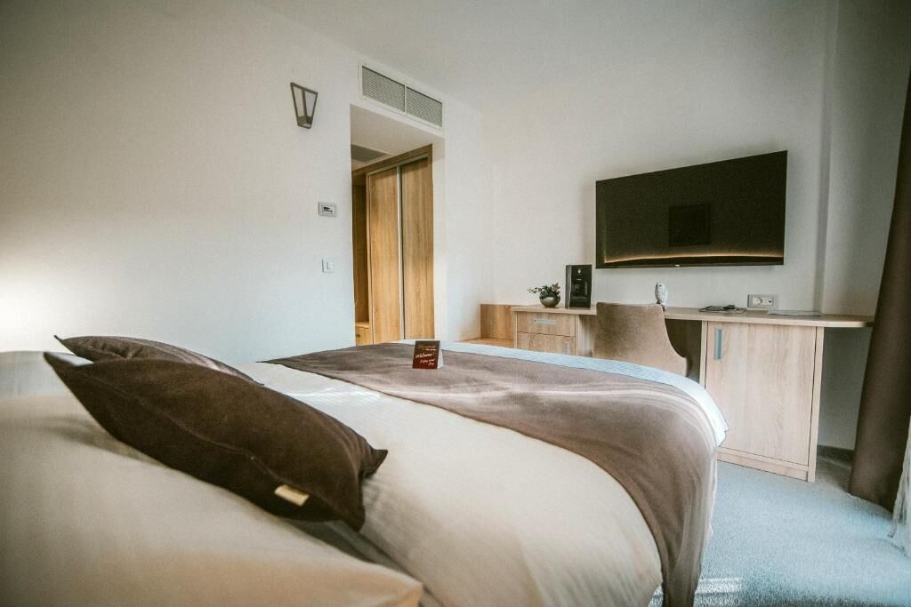 Una habitación de hotel con una cama, un escritorio, una silla, un televisor y un armario.
