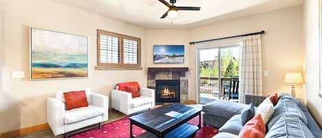 Smart TV, fireplace, books