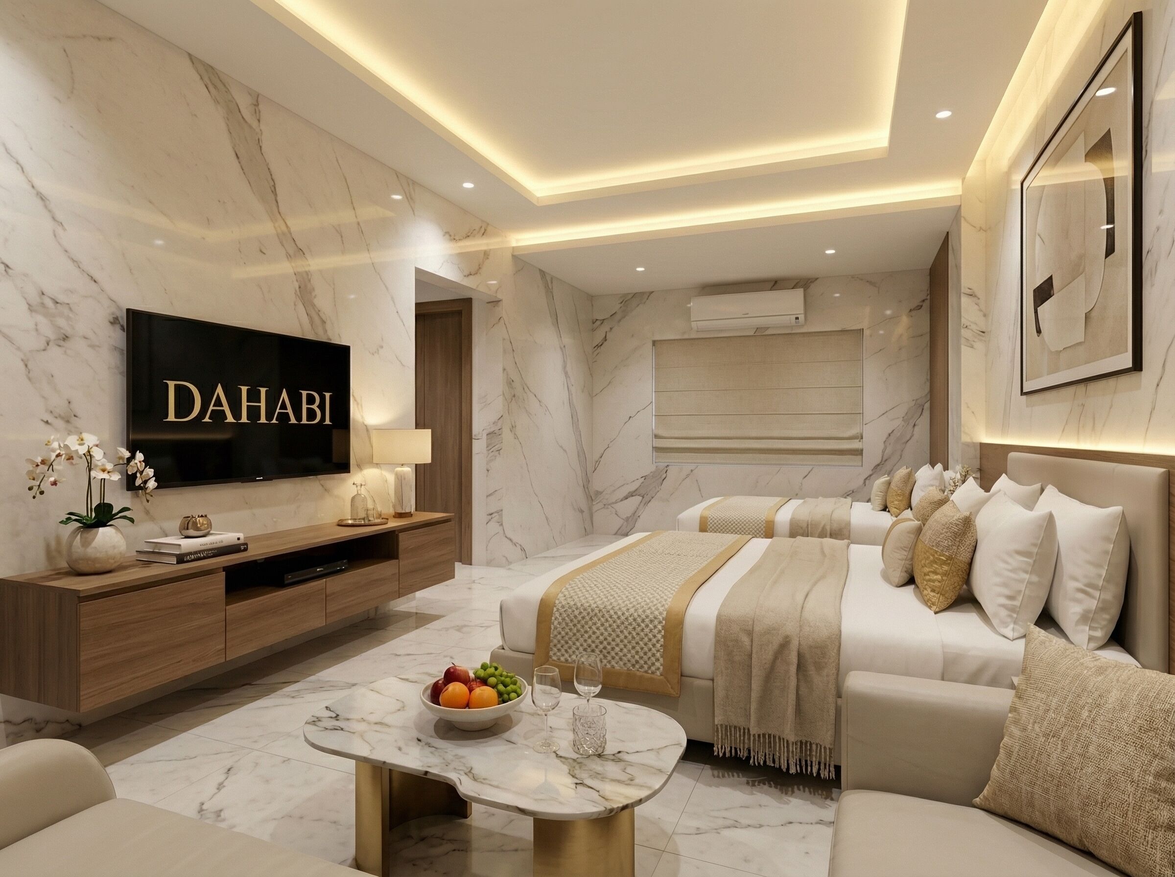 Camera d'albergo moderna con pavimento in marmo, un letto grande con arredamento color beige e oro, una TV a schermo piatto, un tavolino consolle in legno e un tavolino da caffè in marmo con della frutta.
