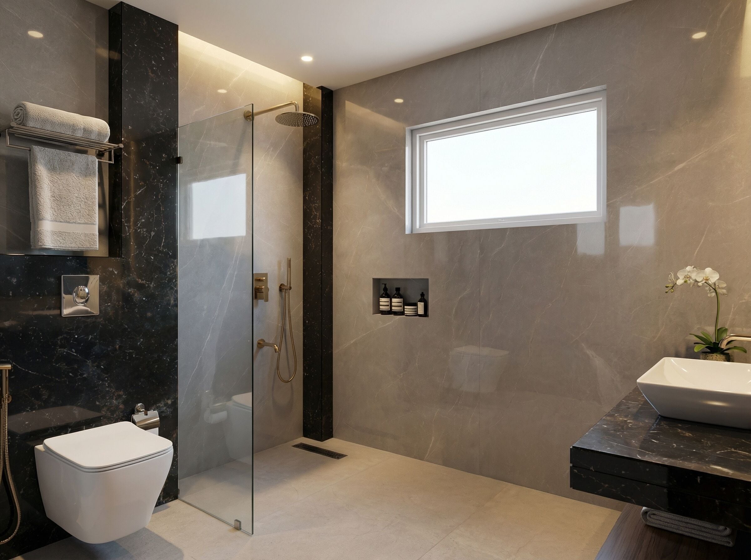 A modern bathroom with a glass-enclosed shower, a toilet, a sink, and a window providing natural light.