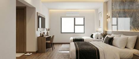 A modern bedroom with a large bed, a desk, and a television.