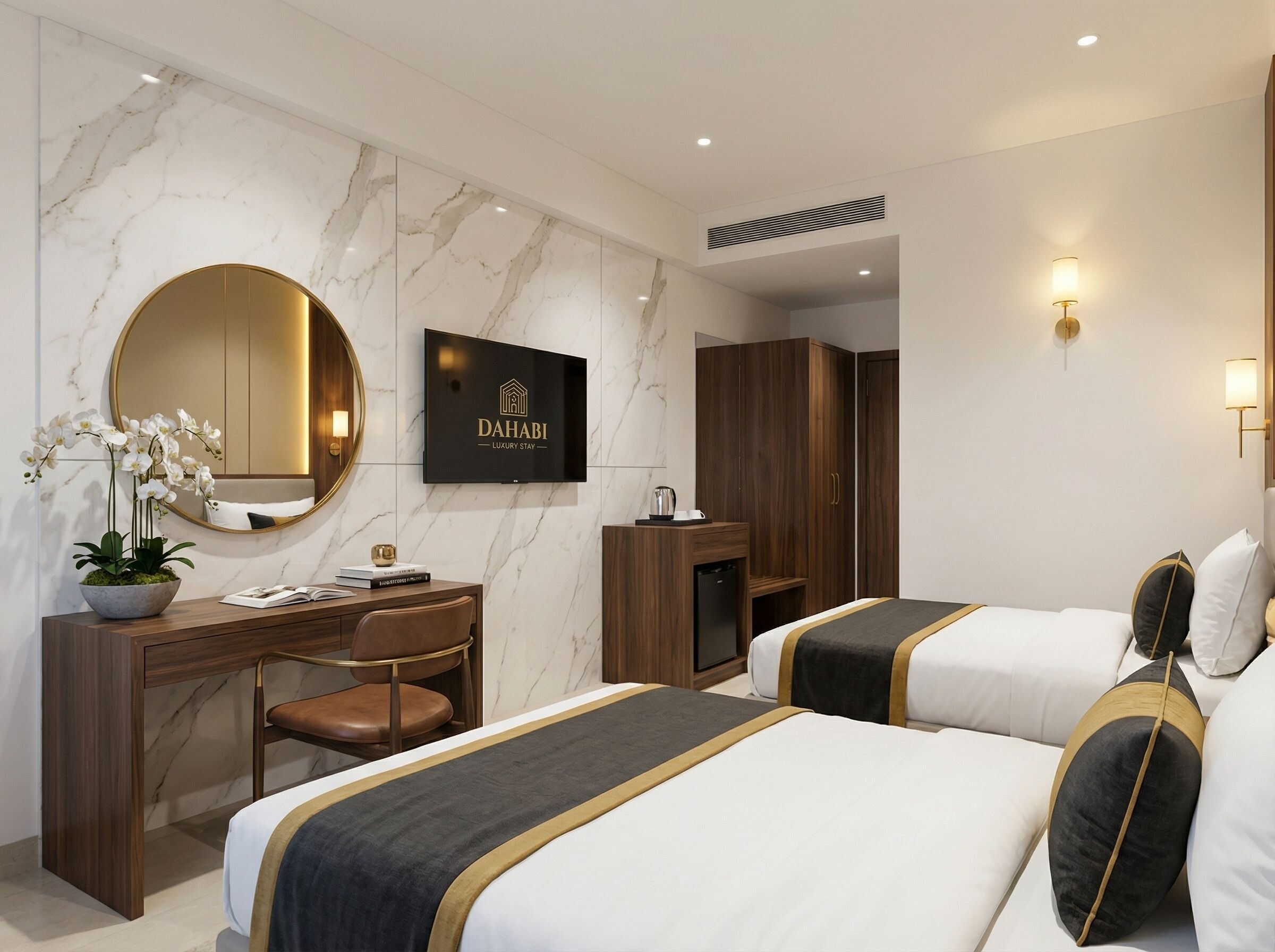 A hotel room with a marble wall, a round mirror, a television, a desk with a chair, and two beds with headboards.