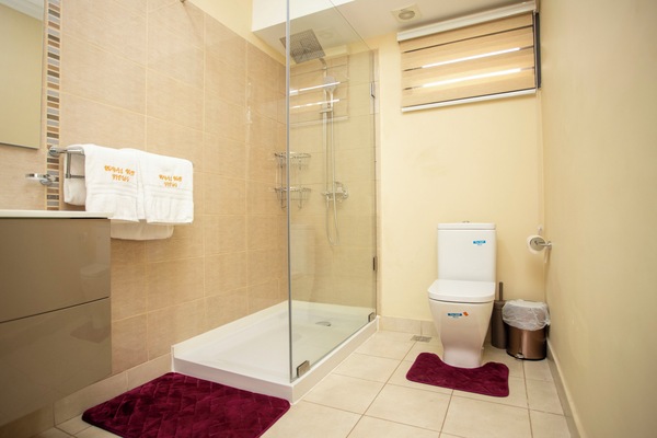 Bañera con ducha, toallas, jabón, shampoo