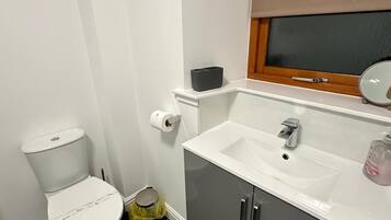 Un bagno con il water, un lavandino e uno specchio.