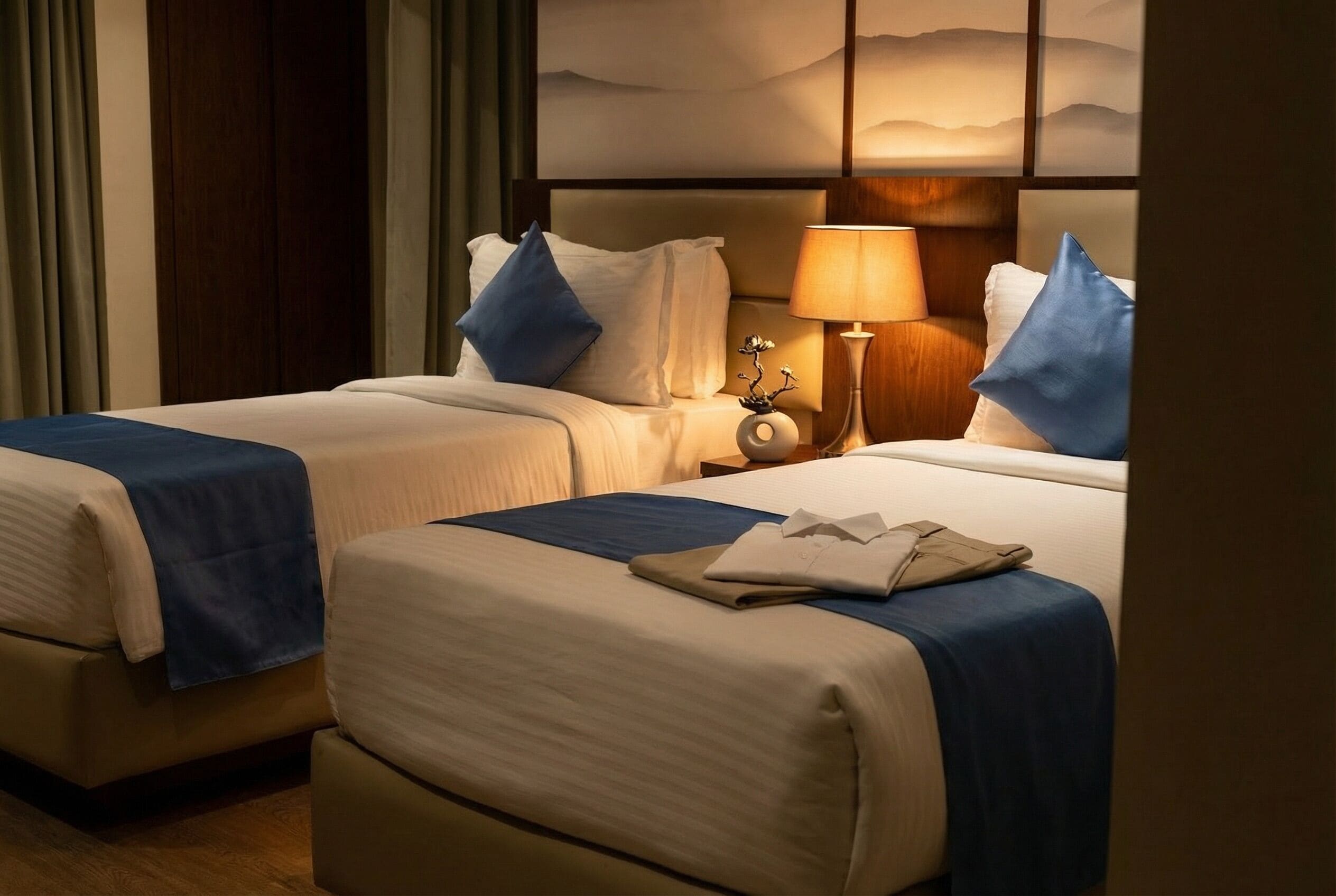 Een hotelkamer met twee bedden, een nachtkastje met een lamp en een kunstwerk aan de muur.