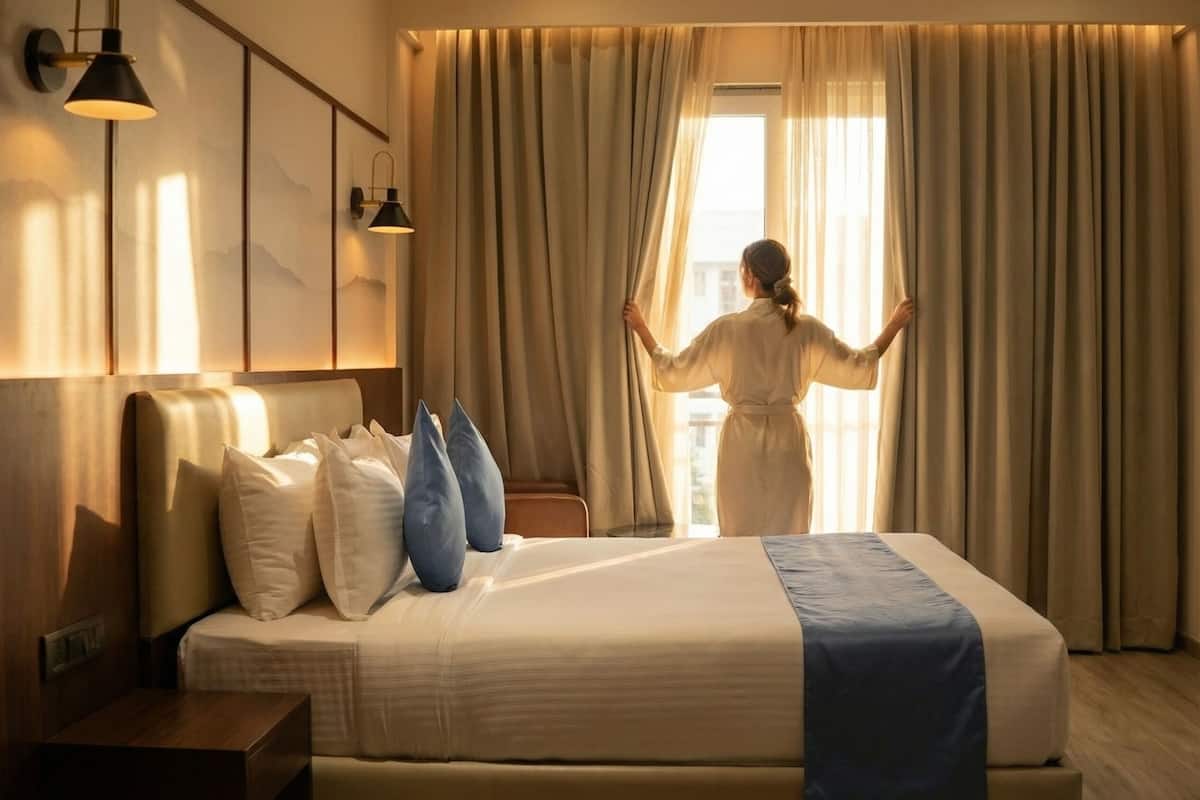 A hotel room with a bed, pillows, a bedside table, and curtains.