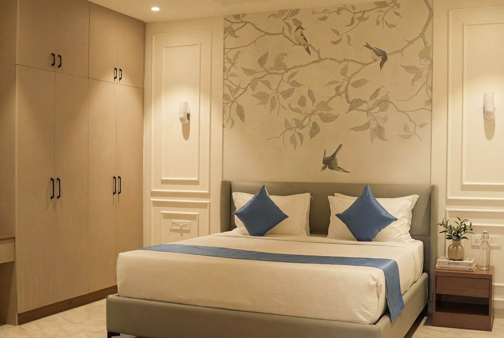 A bedroom with a bed, a nightstand, a wall-mounted light, and a door with a handle.