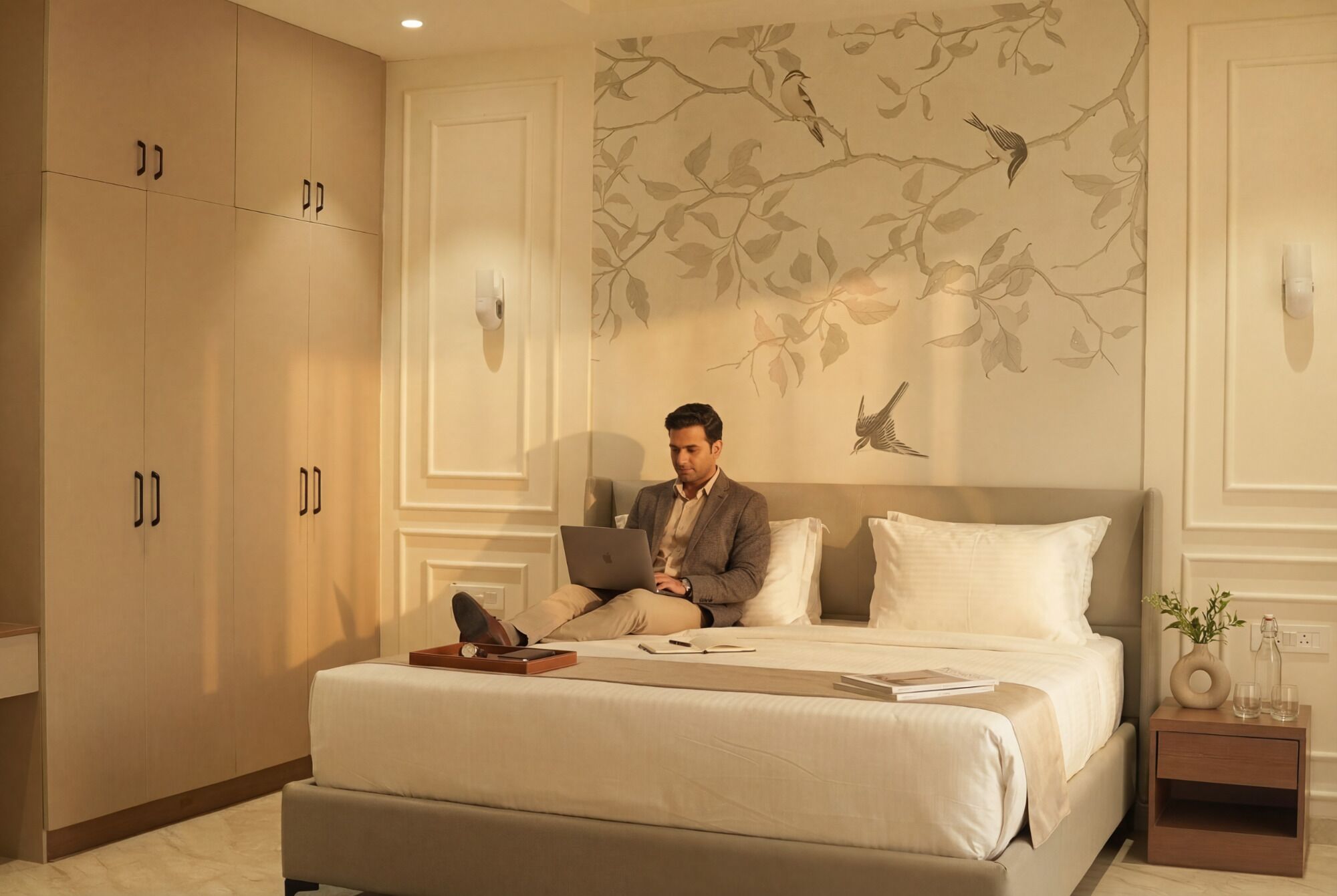 A hotel room with a large bed, a nightstand, a laptop on the bed, and a wall with a tree and bird mural.