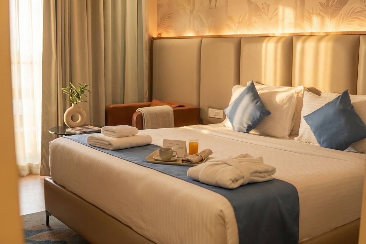A hotel room with a large bed, a bedside table with a plant, a tray with towels and a cup, and a headboard with a light fixture.