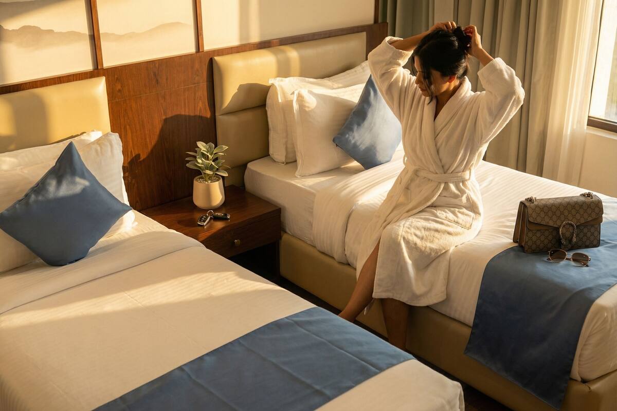 A hotel room with two beds, a wooden headboard, a bedside table with a plant, and a window with curtains.