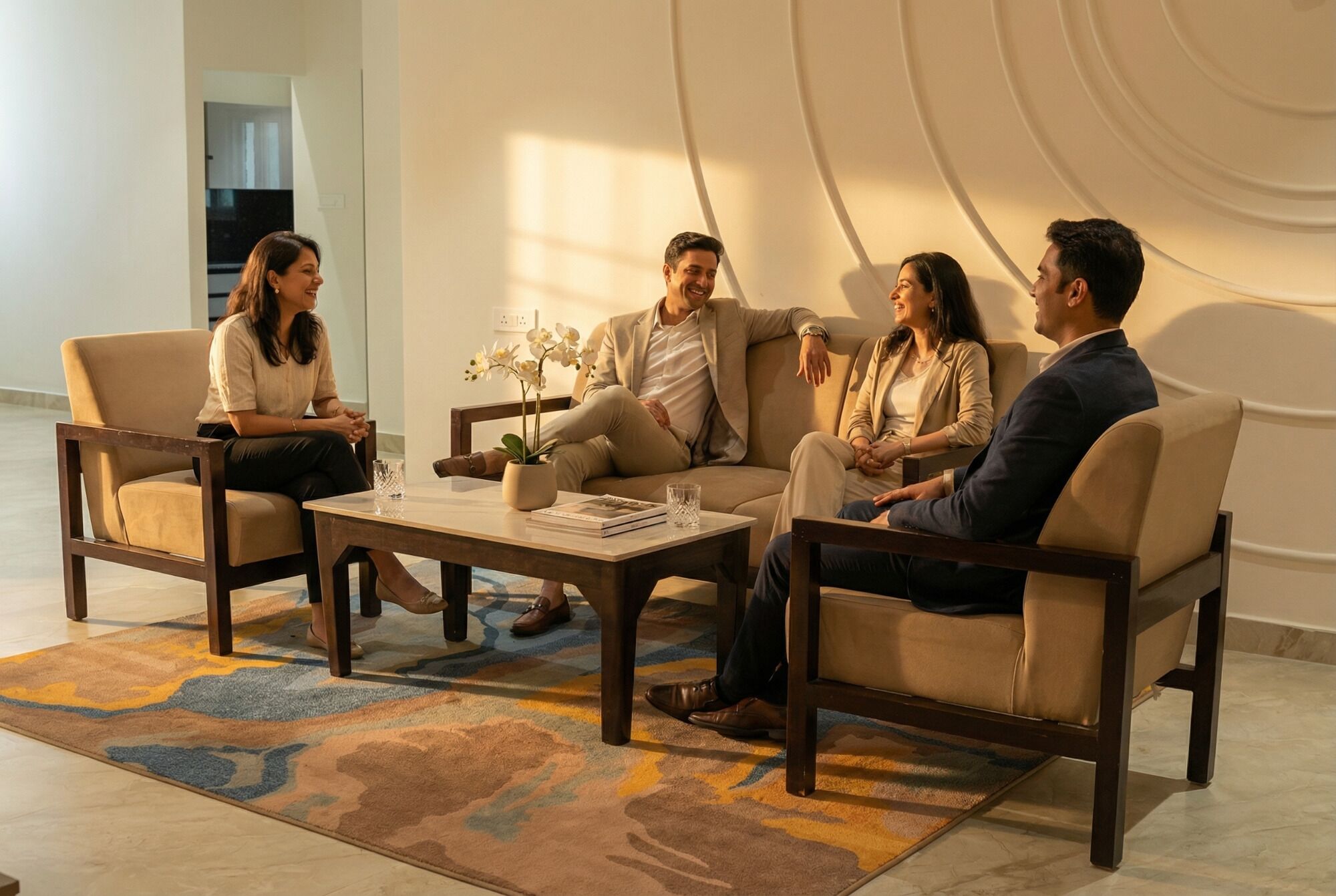 A group of four people seated on a sofa and chairs in a well-lit room with a marble floor and a patterned rug.