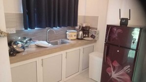 Eine kleine Küche mit Spüle, Herd und Kühlschrank.