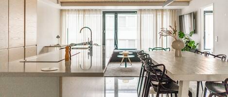 Apartment, Balcony, City View | Private kitchen | Full-size fridge, microwave, oven, stovetop