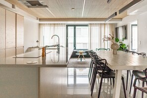 Apartment, Balcony, City View | Private kitchen | Full-size fridge, microwave, oven, stovetop