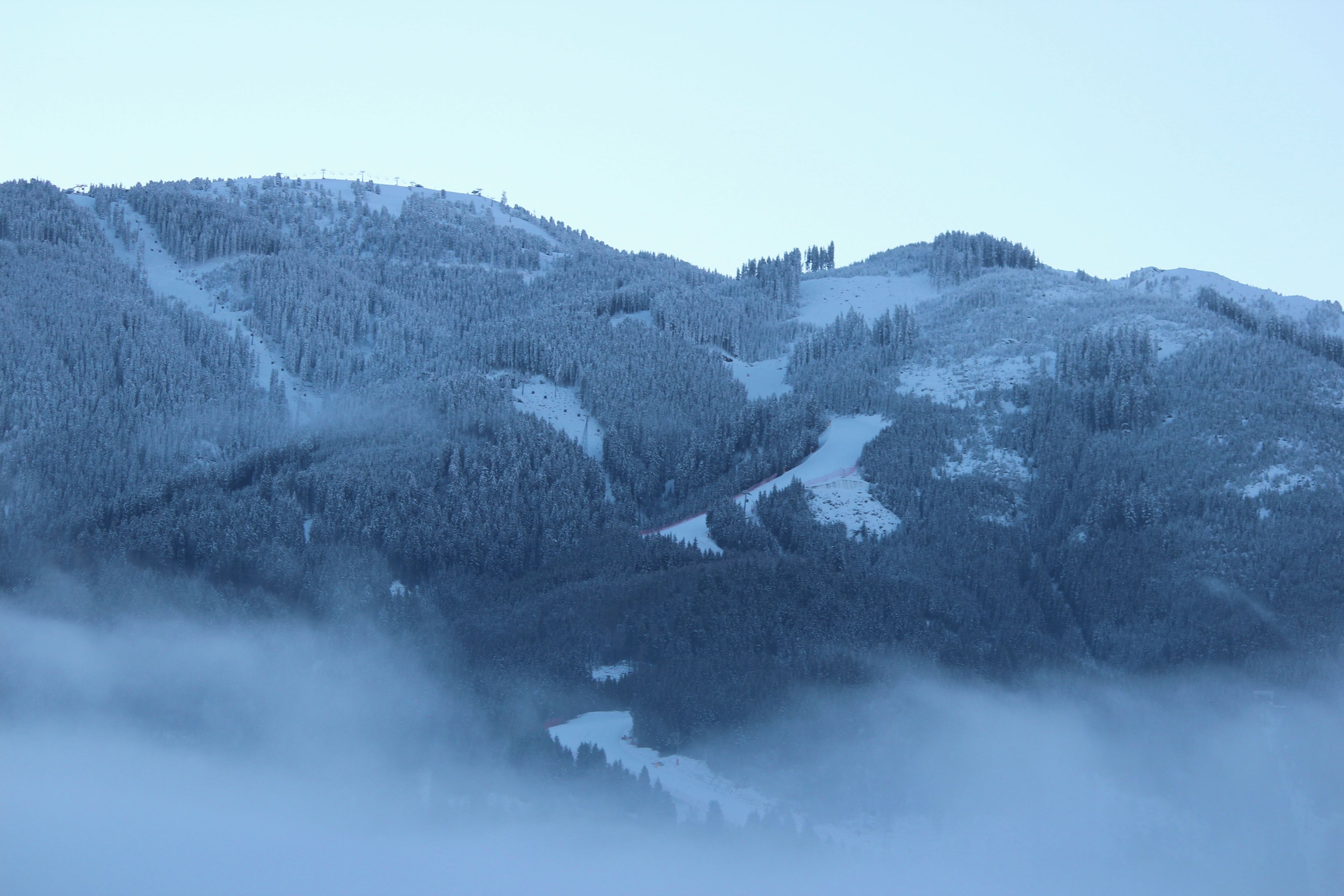 Un paisaje montañoso con árboles cubiertos de nieve y cielo despejado.