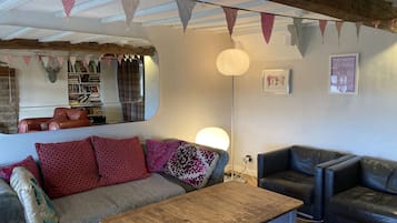 TV, fireplace, books, stereo