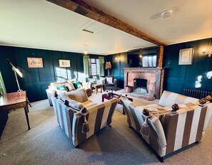 Smart TV, fireplace, books