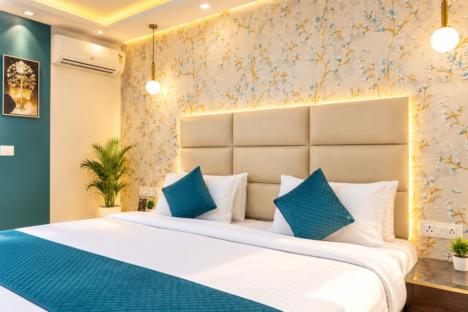 A hotel room with a large bed, a headboard, a wall-mounted air conditioner, a potted plant, and a wall with floral wallpaper.