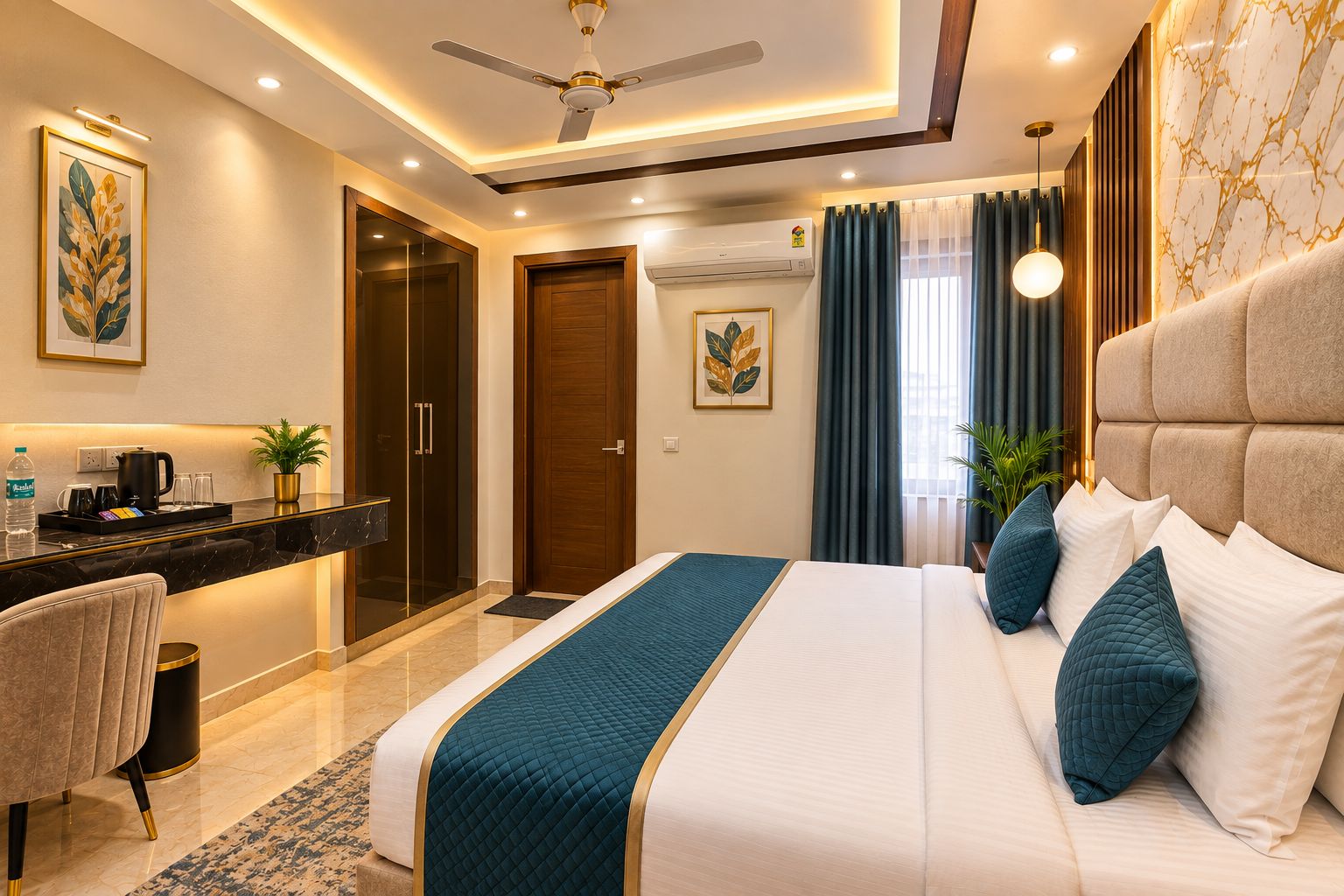 A modern hotel room with a bed, bedside table, and a desk with a chair. There is a ceiling fan, a window with curtains, and a plant on the bedside table.