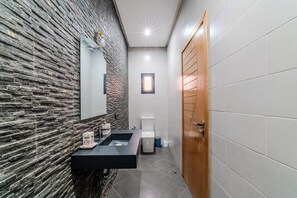 Hair dryer, towels, soap, toilet paper