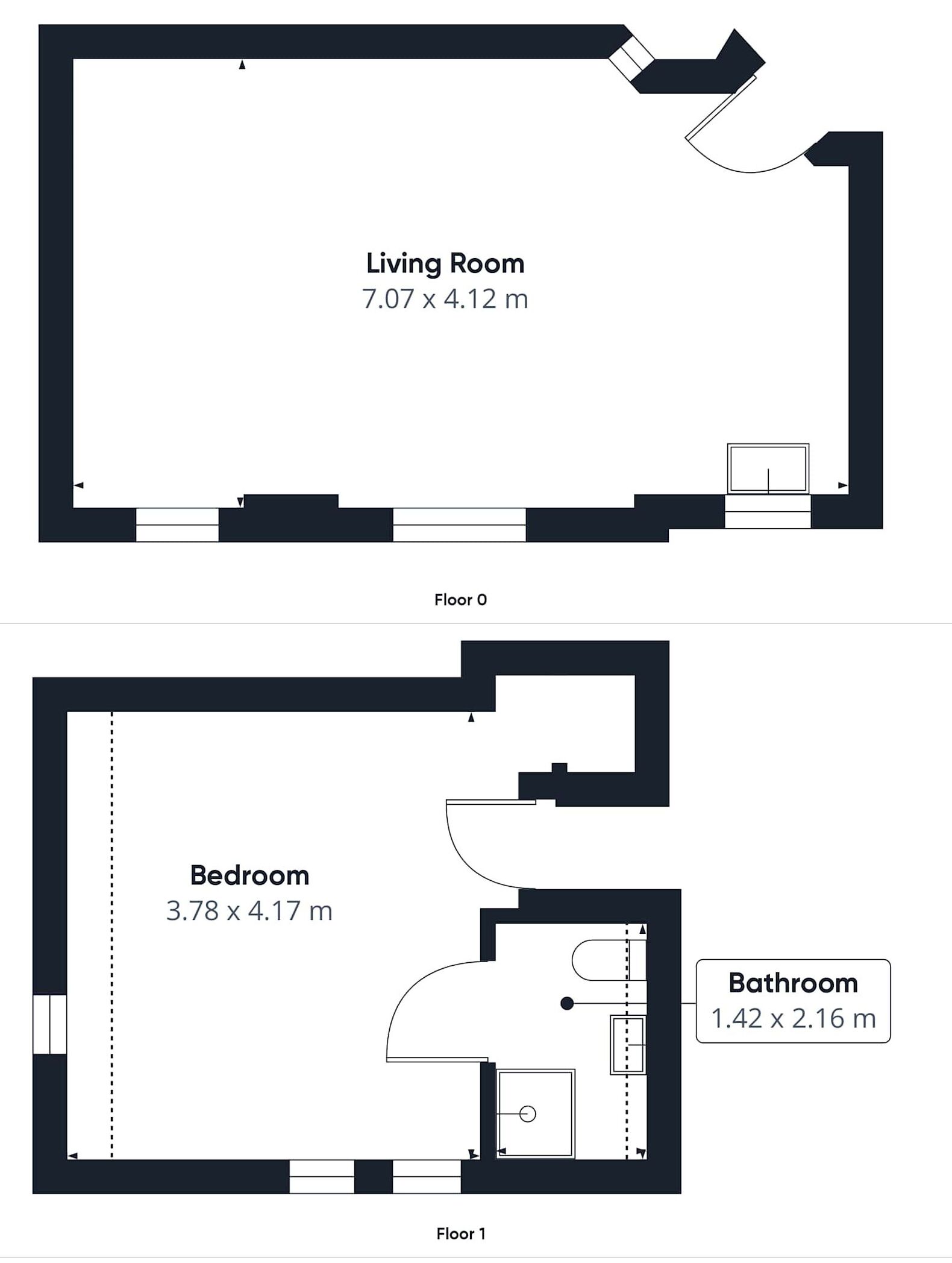 A floor plan with a living room measuring 7.07 x 4.12 m, a bedroom of 3.78 x 4.17 m, and a bathroom of 1.42 x 2.16 m.