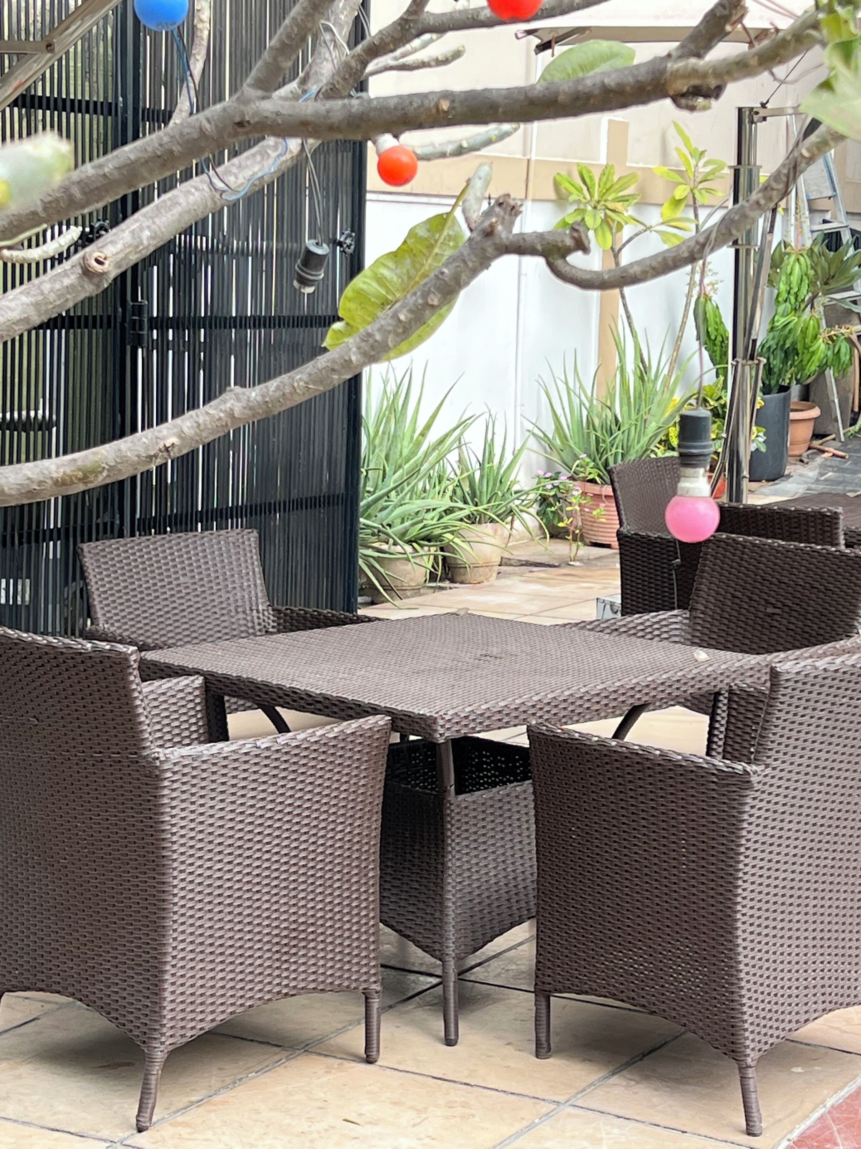 Un espacio de estar exterior con mobiliario de mimbre, una mesa y sillas, rodeado de plantas en macetas y un portón de metal.