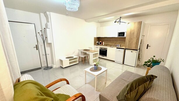 Un espace de vie compact comprenant un coin cuisine, un coin repas et un espace détente avec un canapé et une chaise en bois.