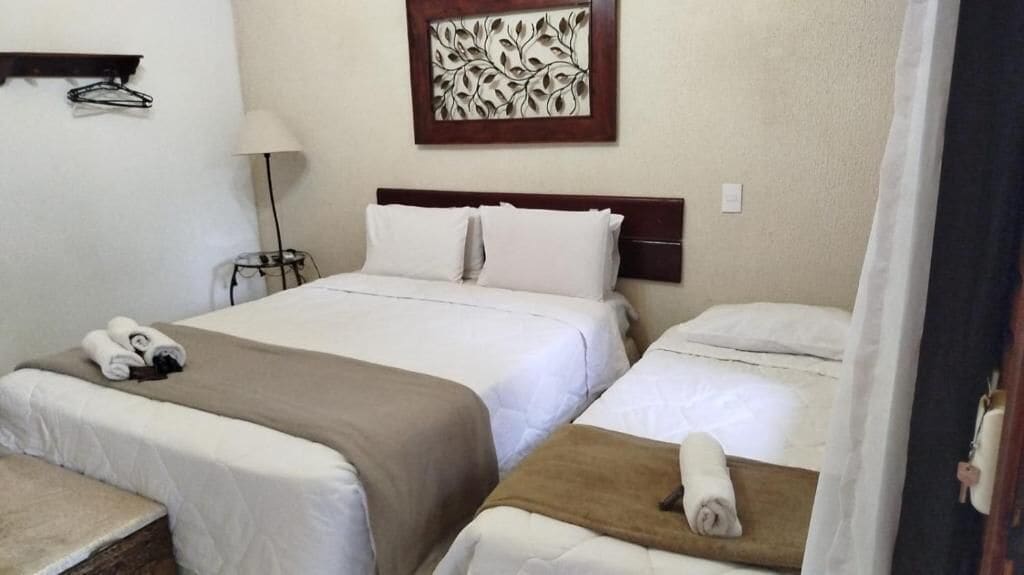 A hotel room with two single beds, a wooden headboard, a wall-mounted artwork, a lamp, and a small table with towels.