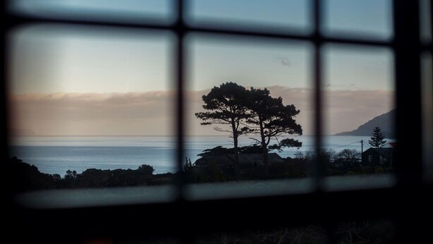 A view through a window with a grid pattern, featuring a tree, a body of water, and distant land. - Liiiving in A Ores - Ocean View House (Sao Roque do Pico)