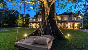A treehouse swing with a cushion, a large tree, and a building with arches in the background. - Lazy Days (Diani Beach)