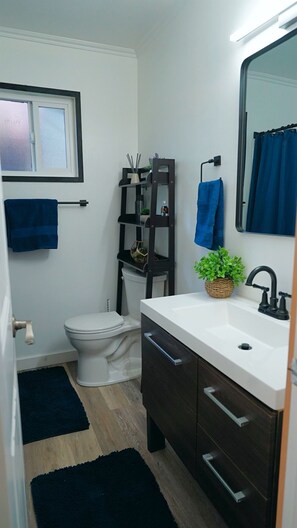 Een haardroger, handdoeken, zeep, toiletpapier