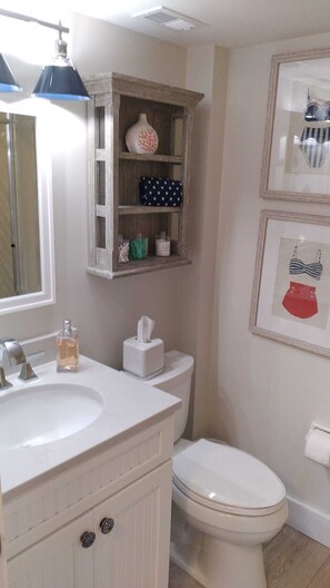 Dusche, Handtücher, Shampoo, Toilettenpapier