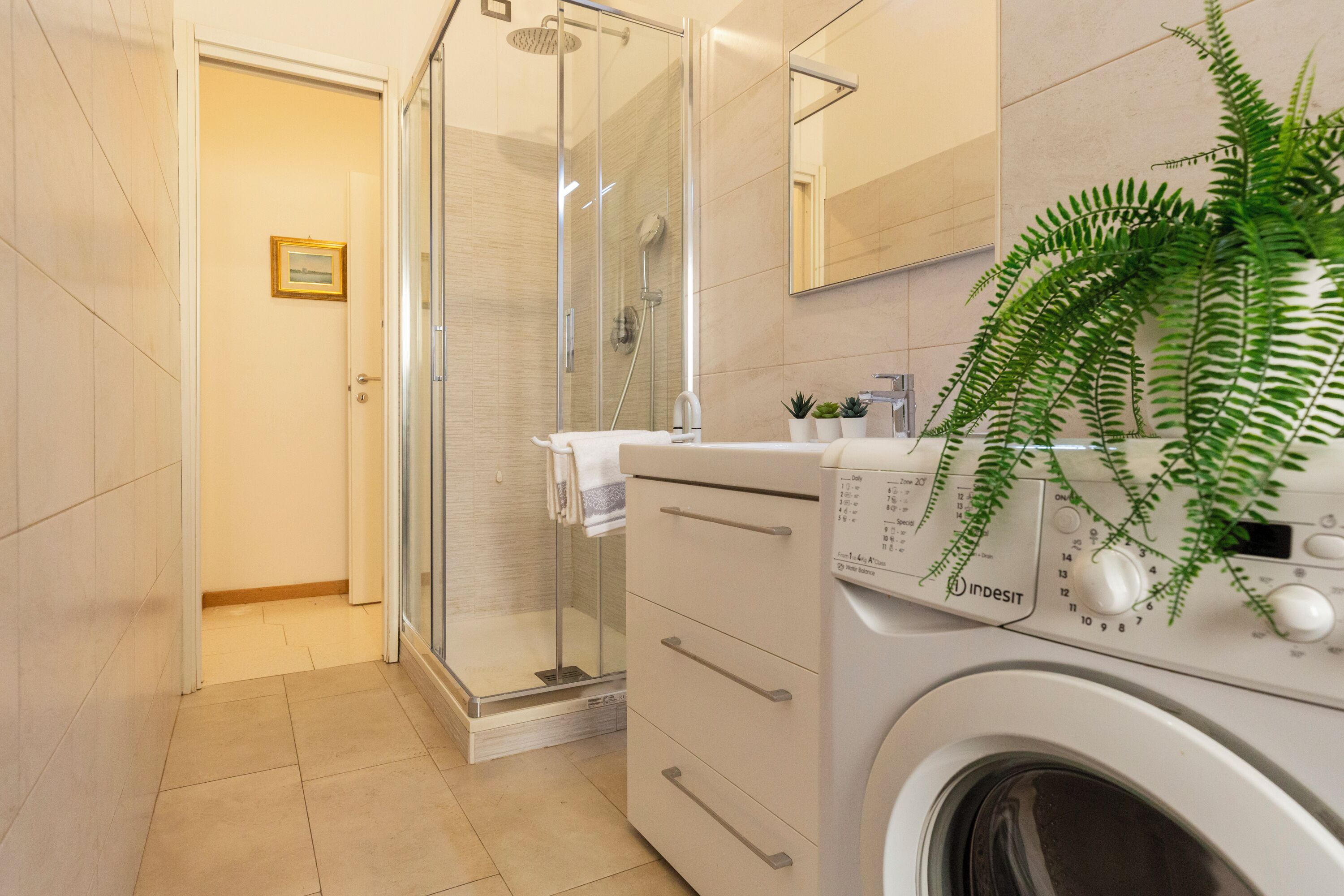 A modern bathroom with a glass shower enclosure, a washing machine, and a potted plant.
