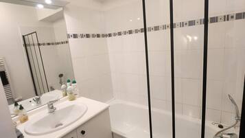 Hair dryer, towels, soap, toilet paper