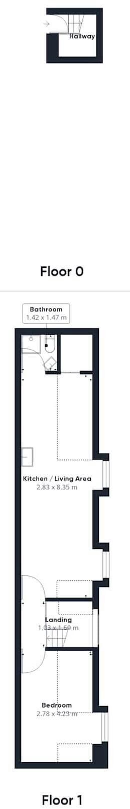 A floor plan with a landing connecting two floors, a bathroom, kitchen, living area, and bedroom.