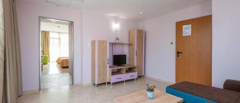 Una sala de estar moderna con un sofá, una mesa de centro y un televisor sobre un mueble de madera.