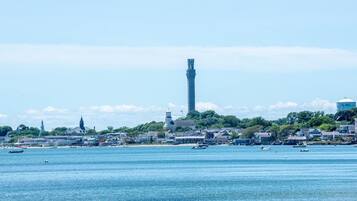 A coastal cityscape with a prominent tower, calm water, and buildings along the shore.