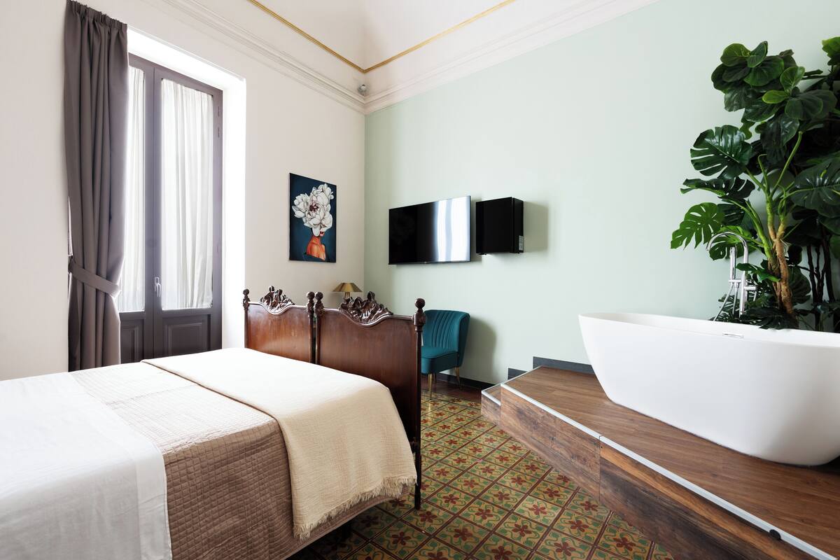 A hotel room with a bed, a large bathtub, a television, and a potted plant.