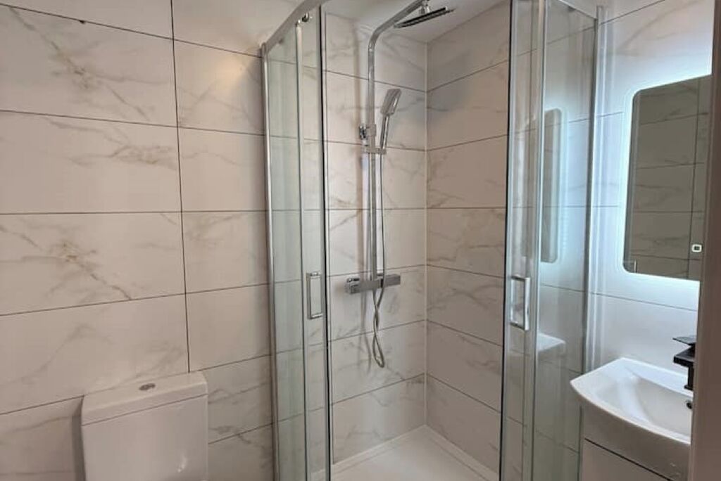 Shower, hair dryer, soap